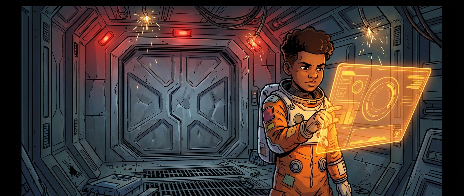 The cadet faces a locked airlock with a glowing orange code panel