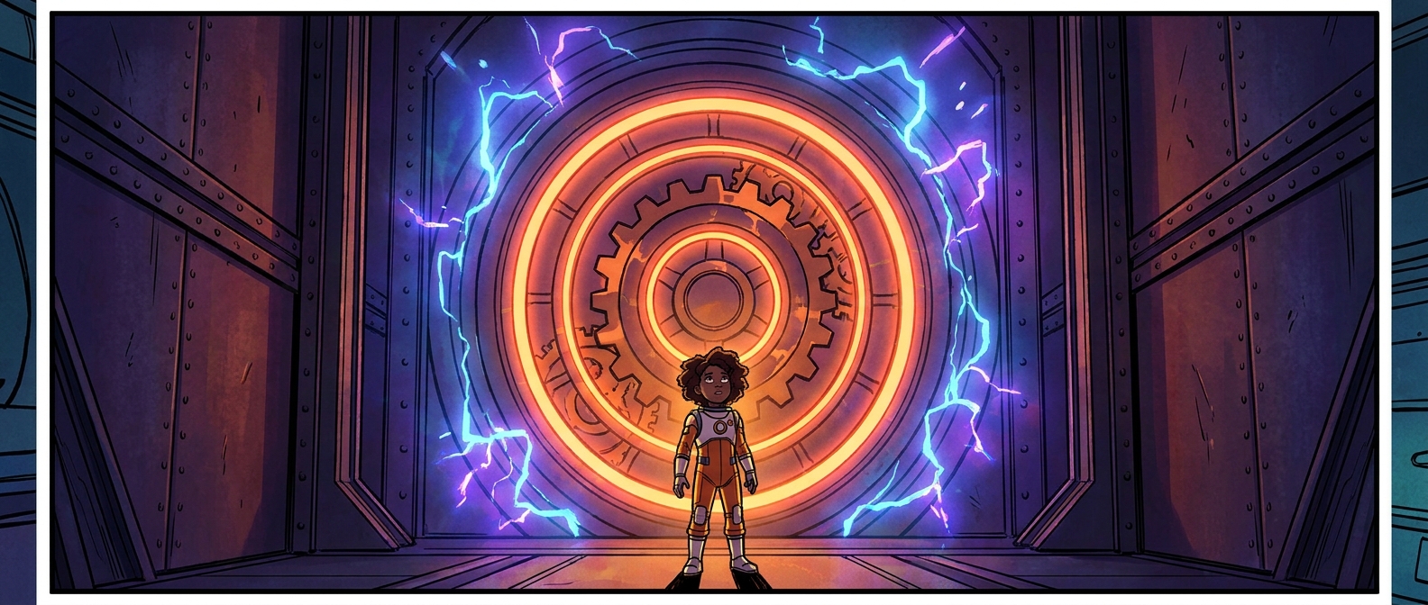 A giant glowing boss door with rings of orange light