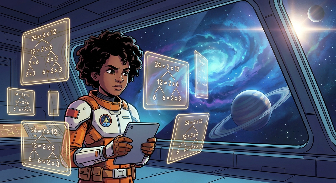 A young space cadet on a station bridge surrounded by holographic factor trees
