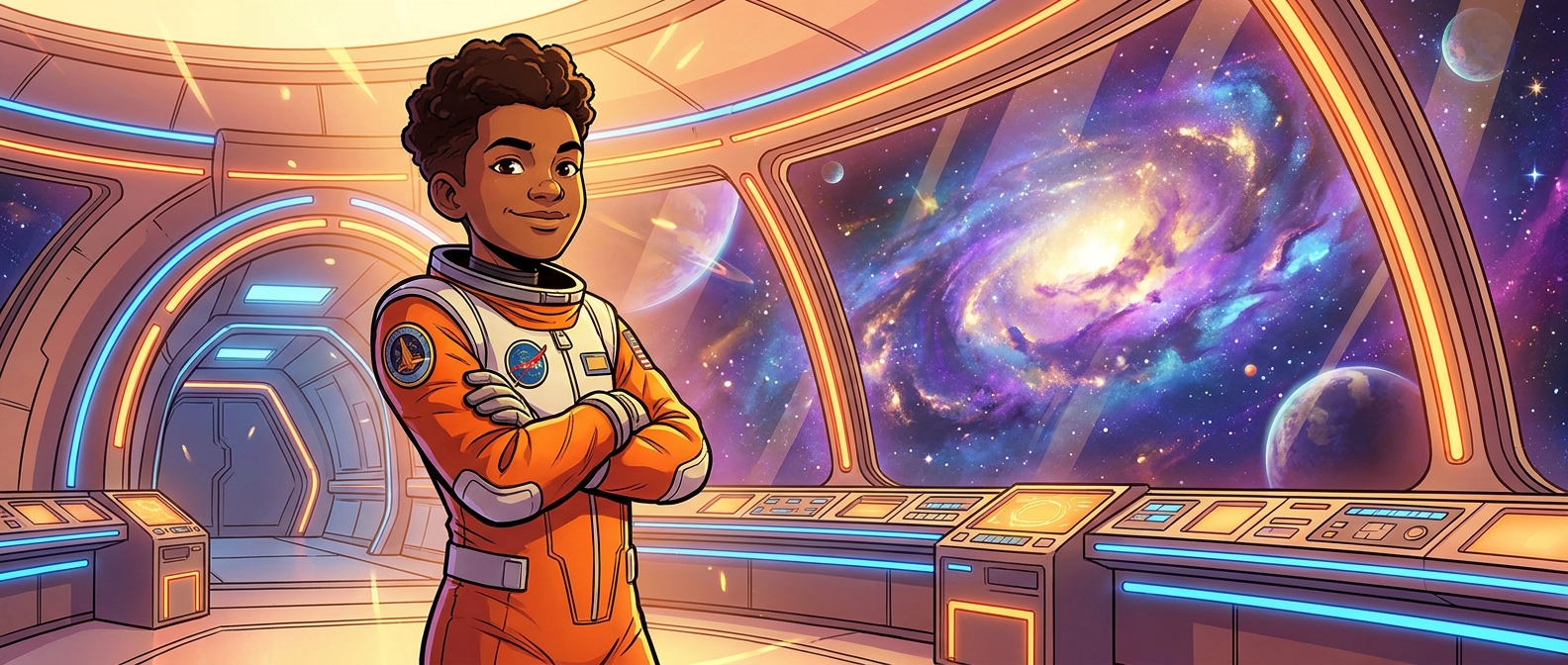 The cadet stands proudly on the restored station bridge with a galaxy behind