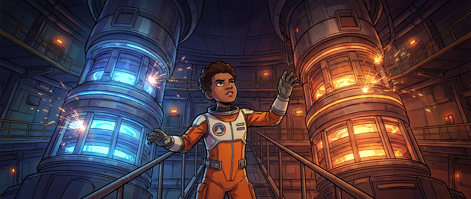 The cadet stands between two glowing starship engines