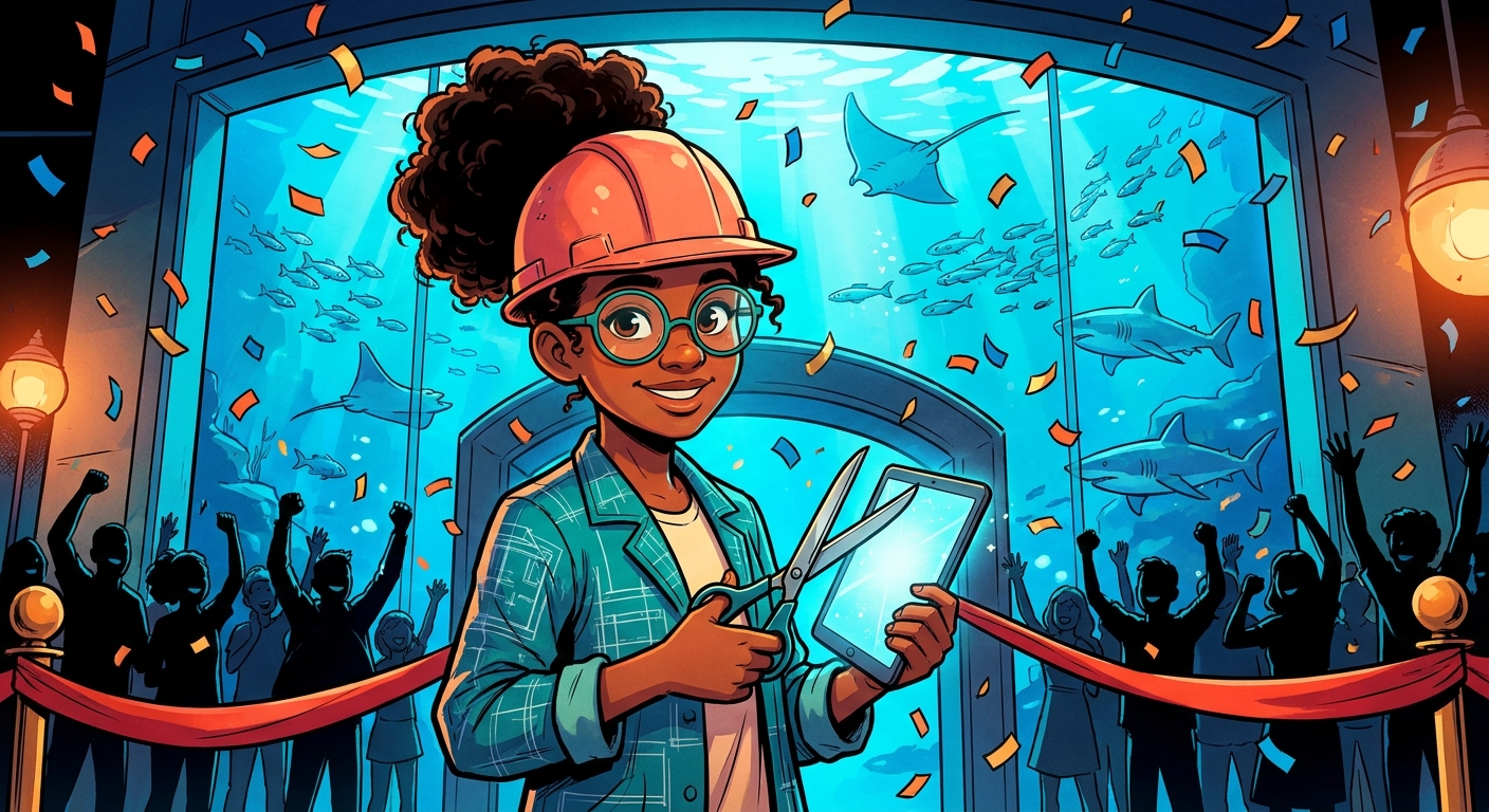 Maya cuts a ribbon at the grand opening of her finished aquarium full of fish and visitors