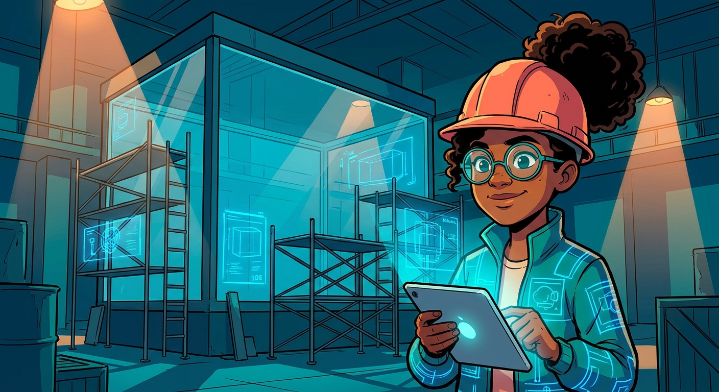 Maya stands before a huge aquarium tank under construction with scaffolding and blueprints