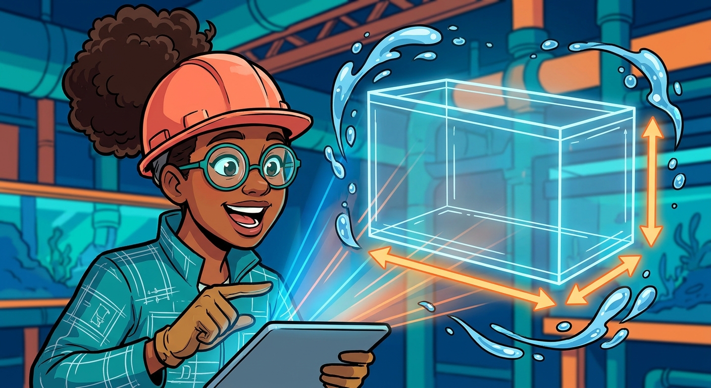 Maya points at a glowing wireframe rectangular fish tank with dimension arrows
