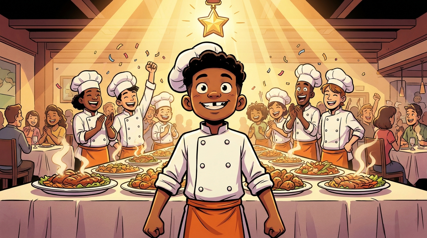 Kai proudly presents a banquet of finished dishes while chef friends cheer