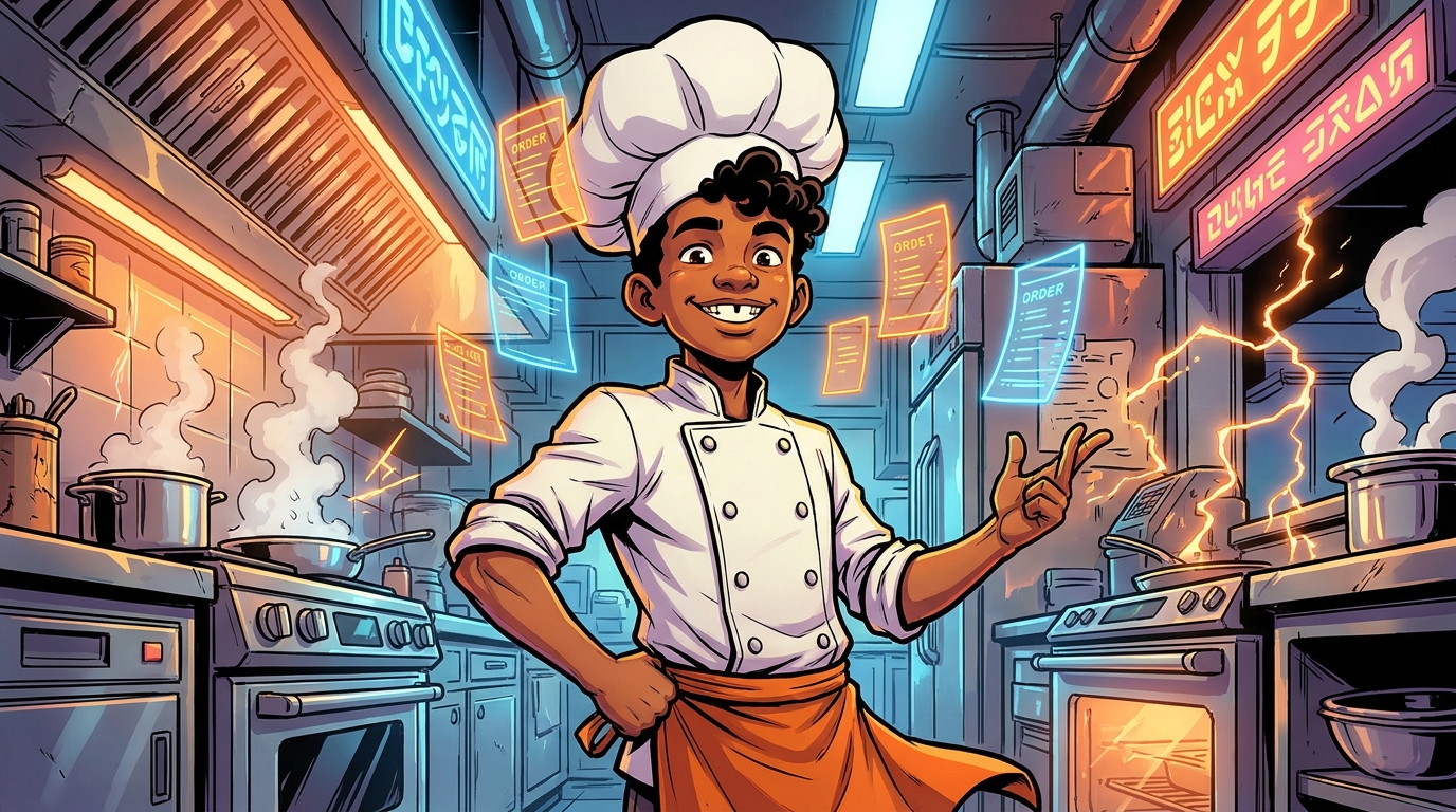 A young chef in a busy futuristic kitchen