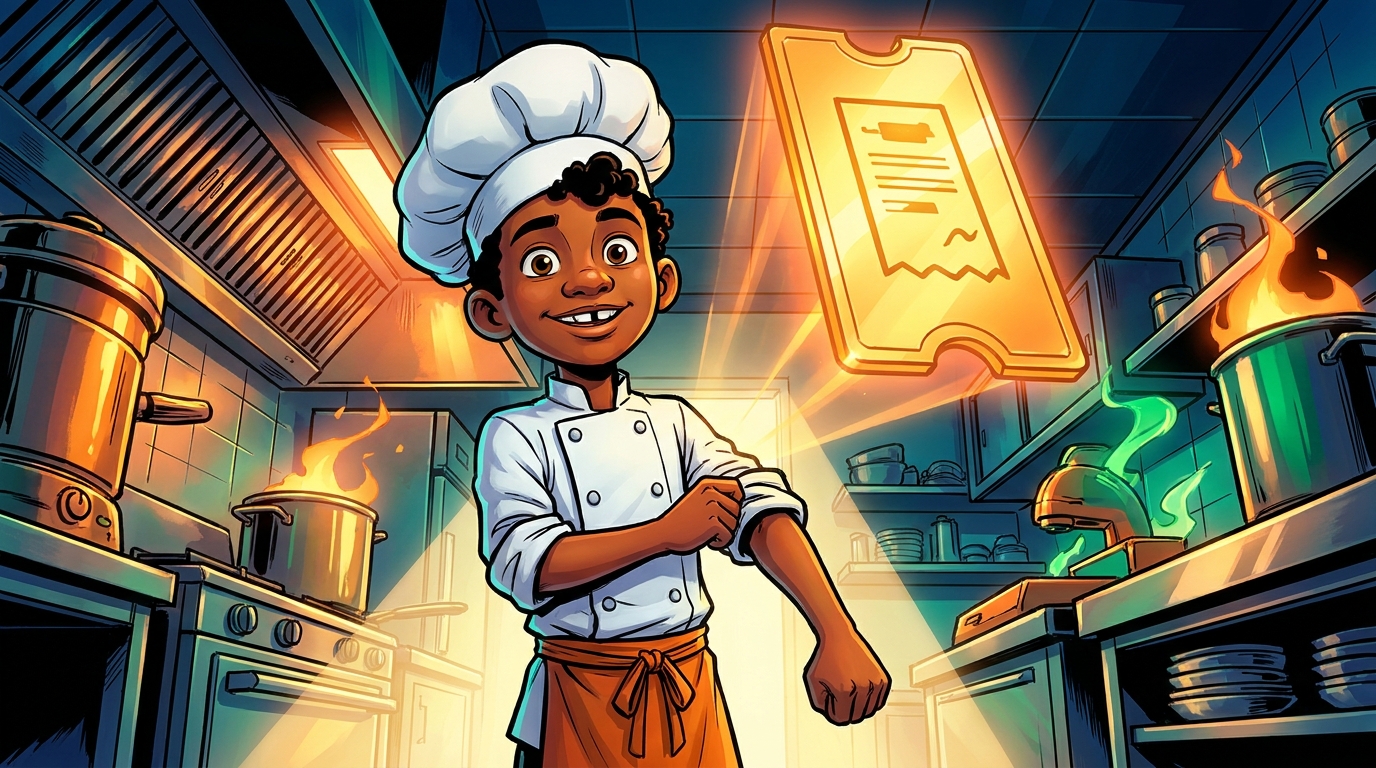 Kai rolls up sleeves to face a huge glowing banquet order ticket