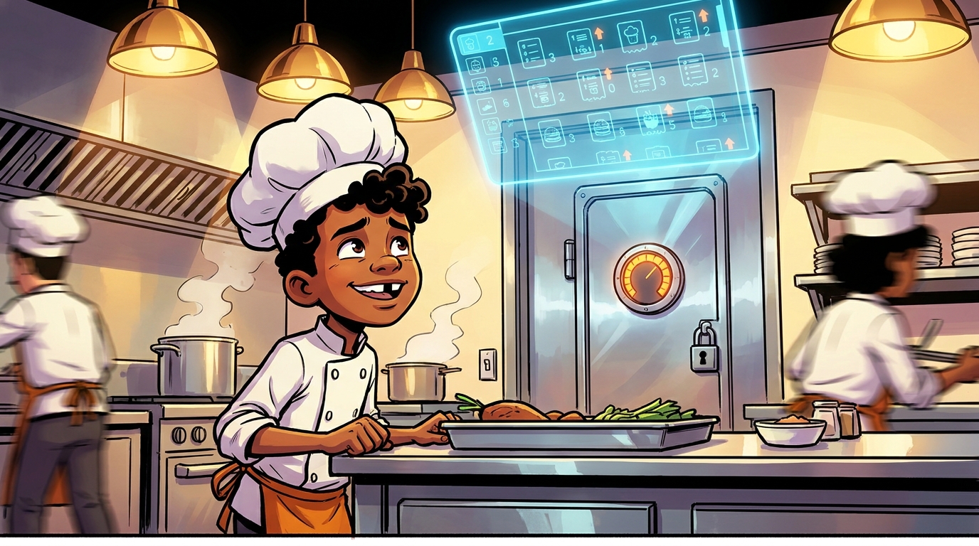 Kai stands at a prep station looking at floating order tickets and a locked pantry door