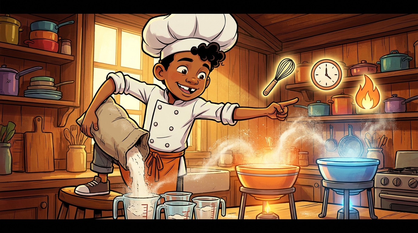 Kai pours flour into measuring cups while scaling up a recipe