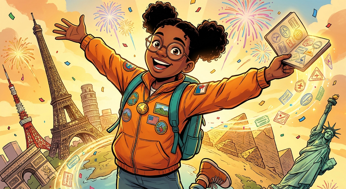 Maya celebrates with arms wide, surrounded by world landmarks, fireworks, and a passport full of stamps