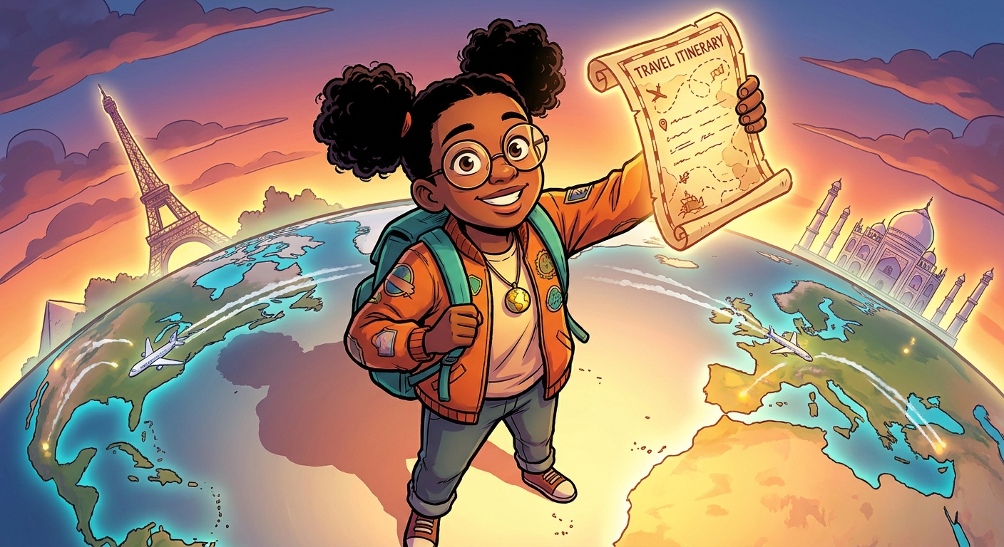 A young traveler with a glowing world map