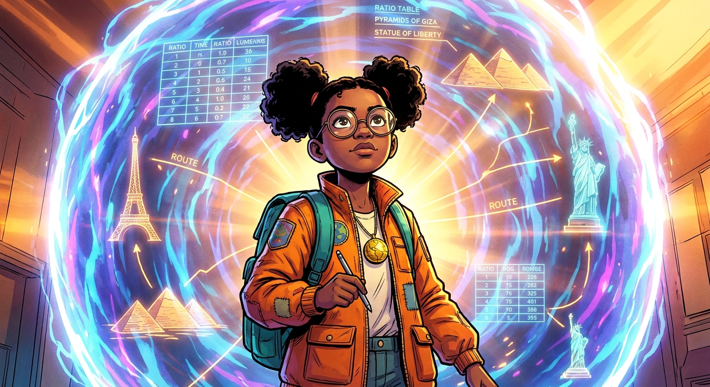 Maya stands before a huge glowing globe gateway with ratio tables and route lines orbiting her