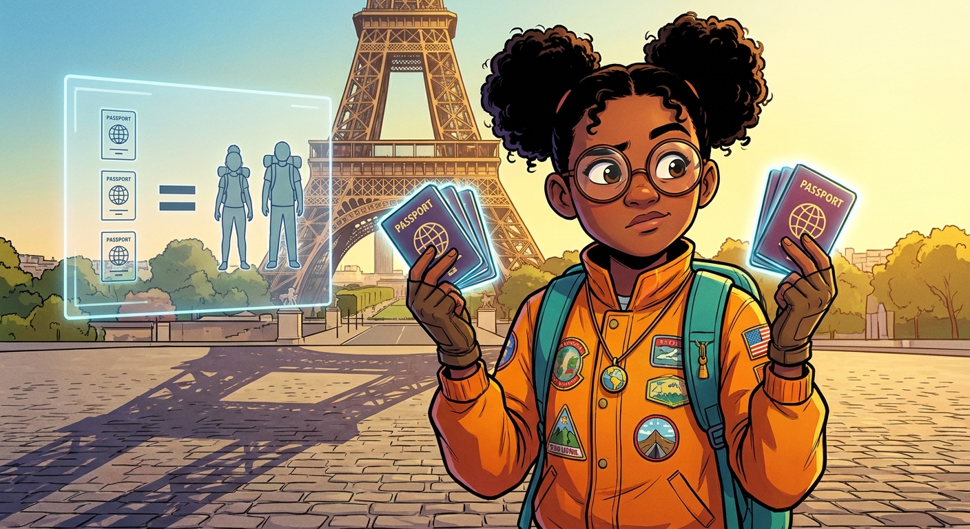 Maya stands in front of the Eiffel Tower holding passports, with a glowing ratio comparison floating beside her