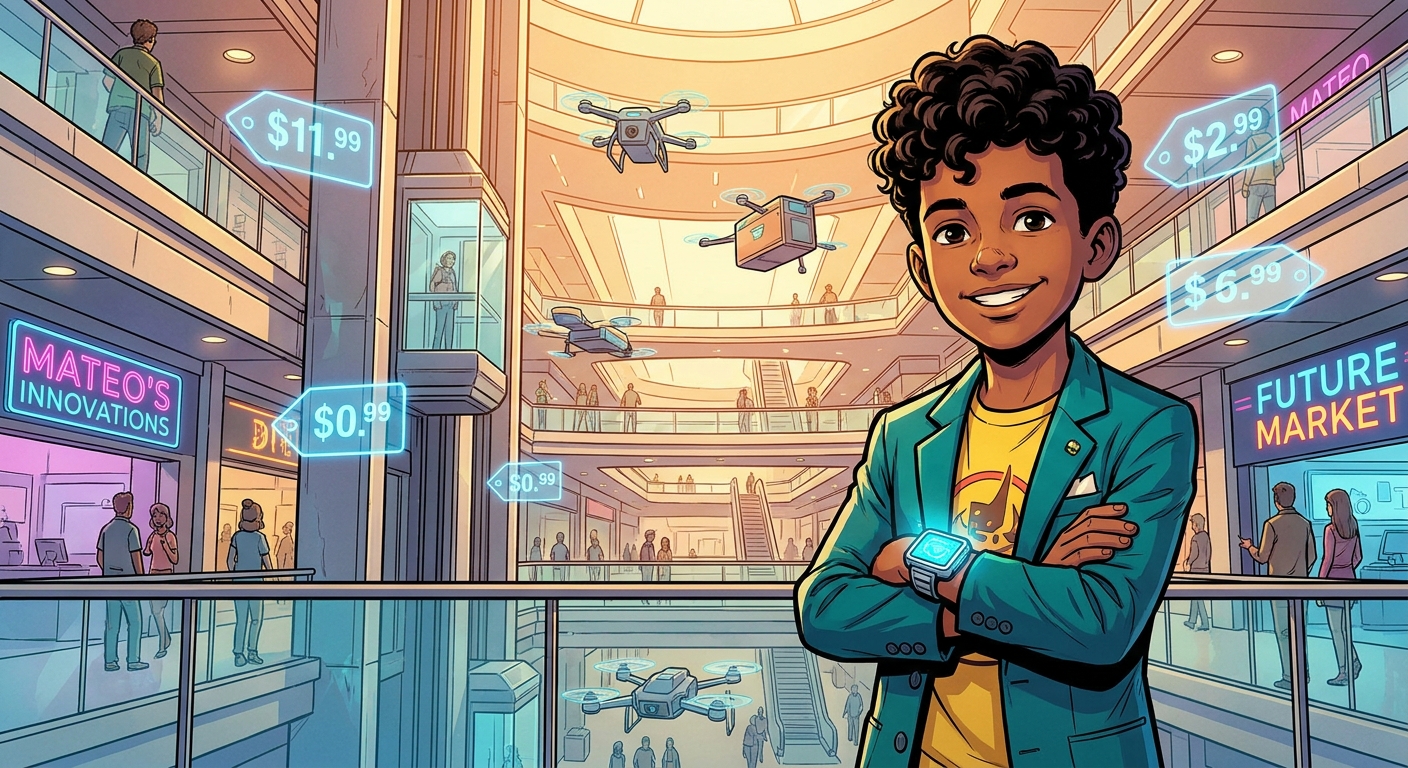 A young entrepreneur in a futuristic shopping mall