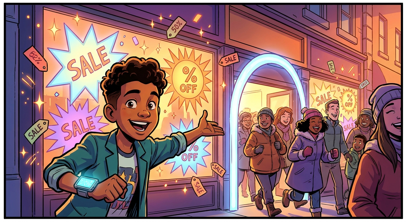 Mateo points at a shop covered in bright percent-off sale signs