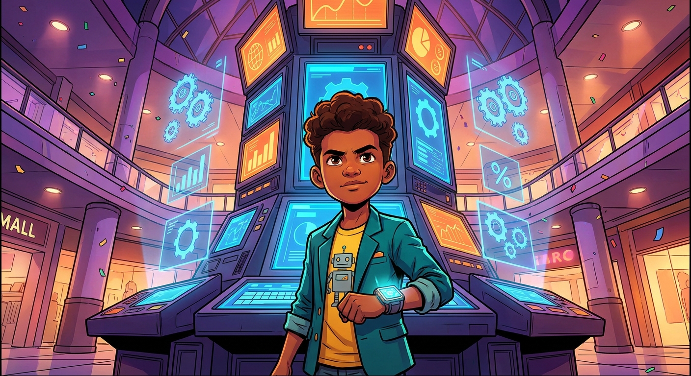 Mateo stands before a giant mall command console with deal charts