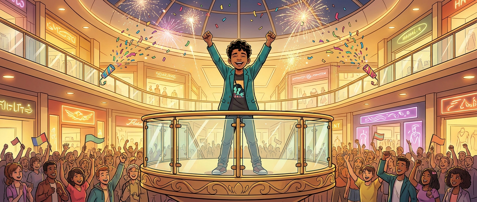 Mateo celebrates on the balcony of his thriving mall with confetti and a happy crowd