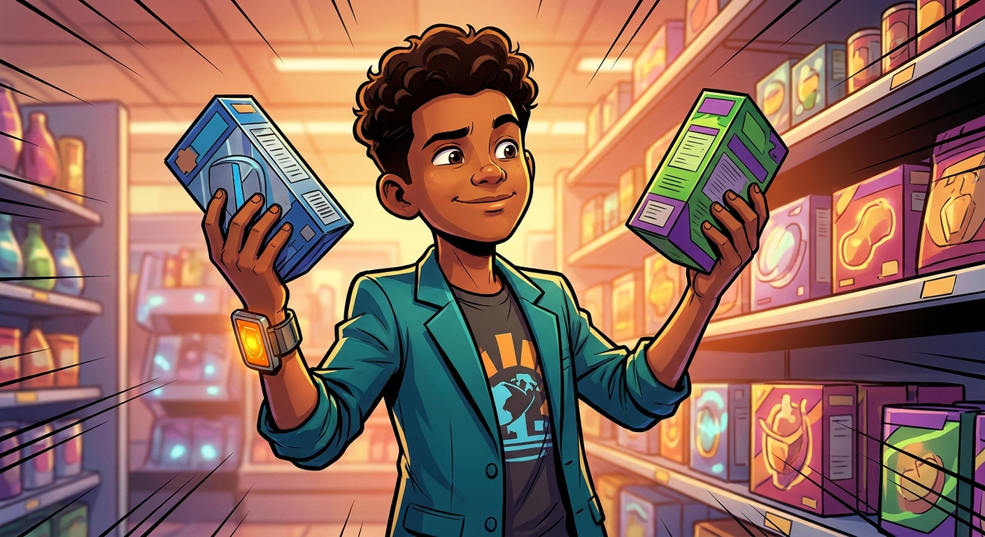 Mateo holds two product boxes and compares their prices