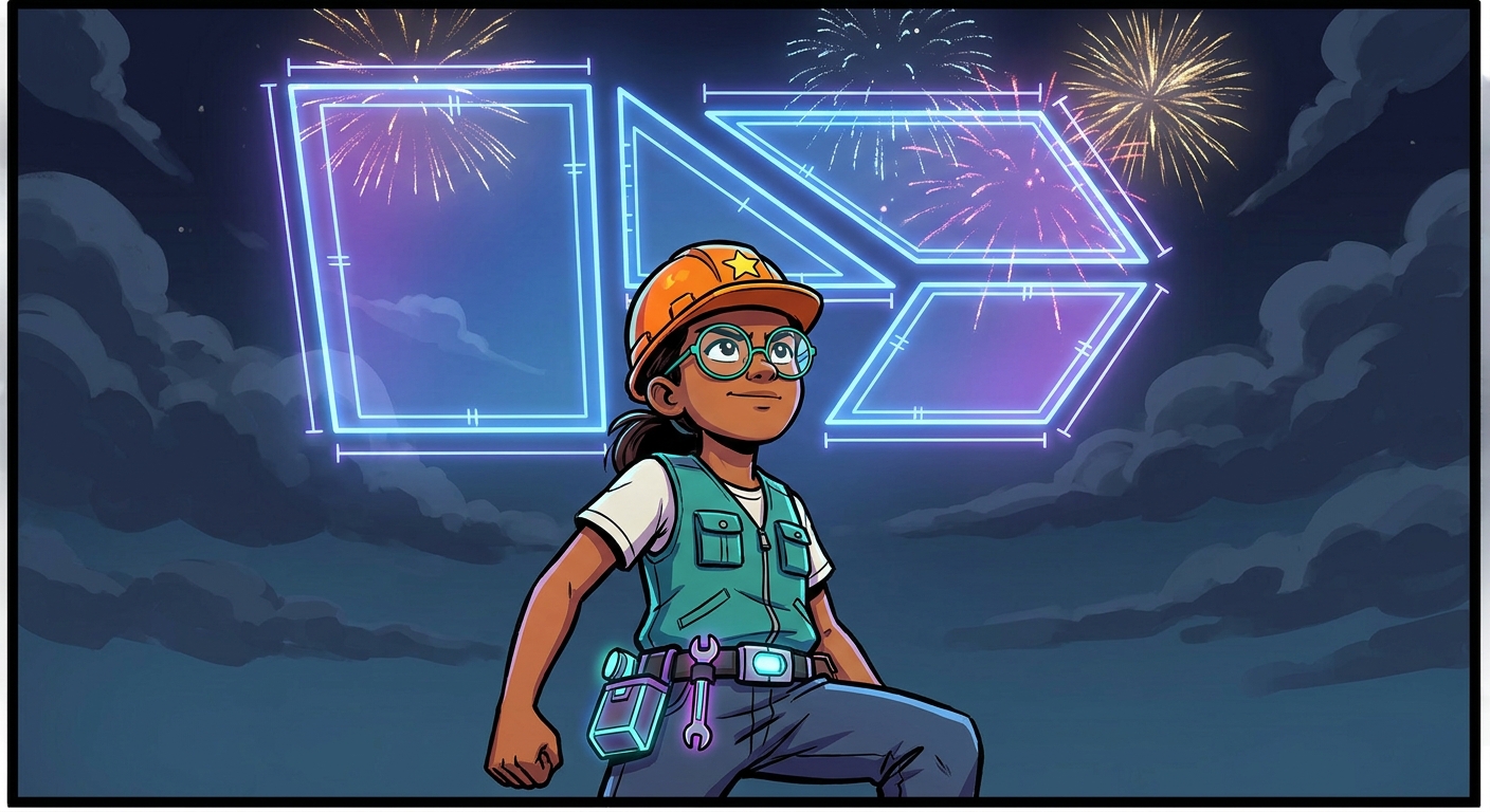 Maya faces a giant holographic master blueprint of the whole park made of combined shapes