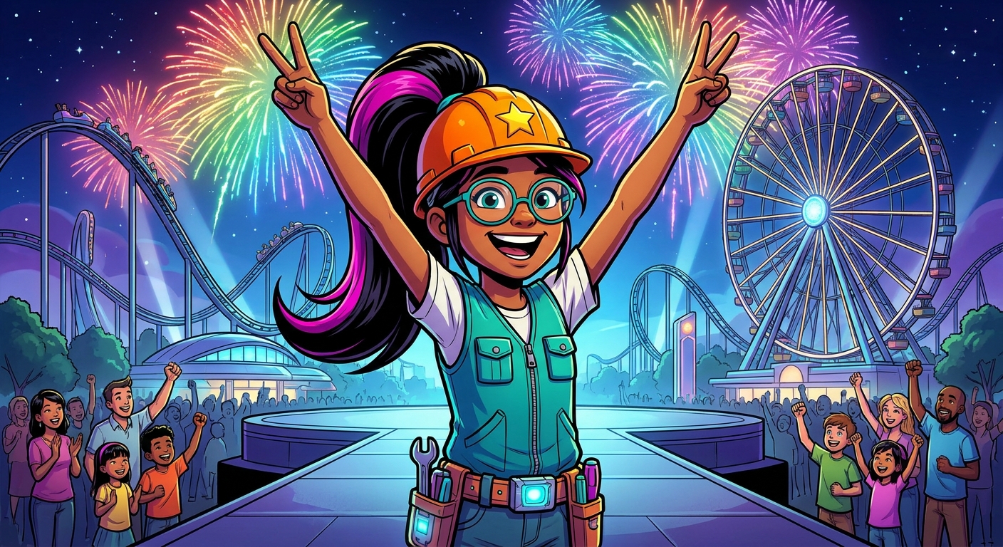 Maya raises her arms in triumph as the finished theme park glows with rides and fireworks