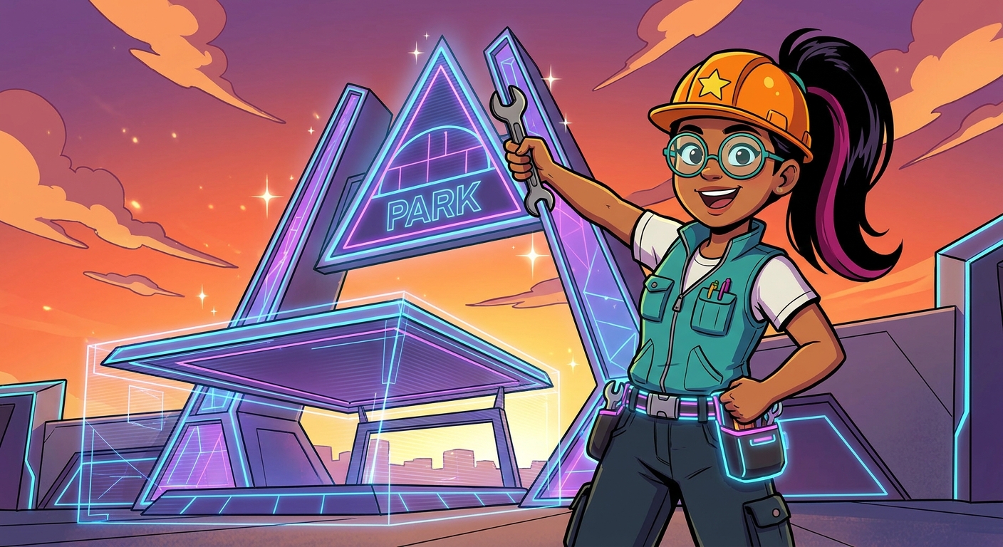 Maya stands beside a triangular neon entrance sign and a trapezoid-shaped stage canopy
