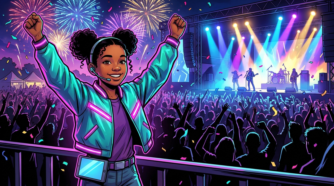 Mika celebrates with arms raised as the festival crowd cheers under fireworks and lights