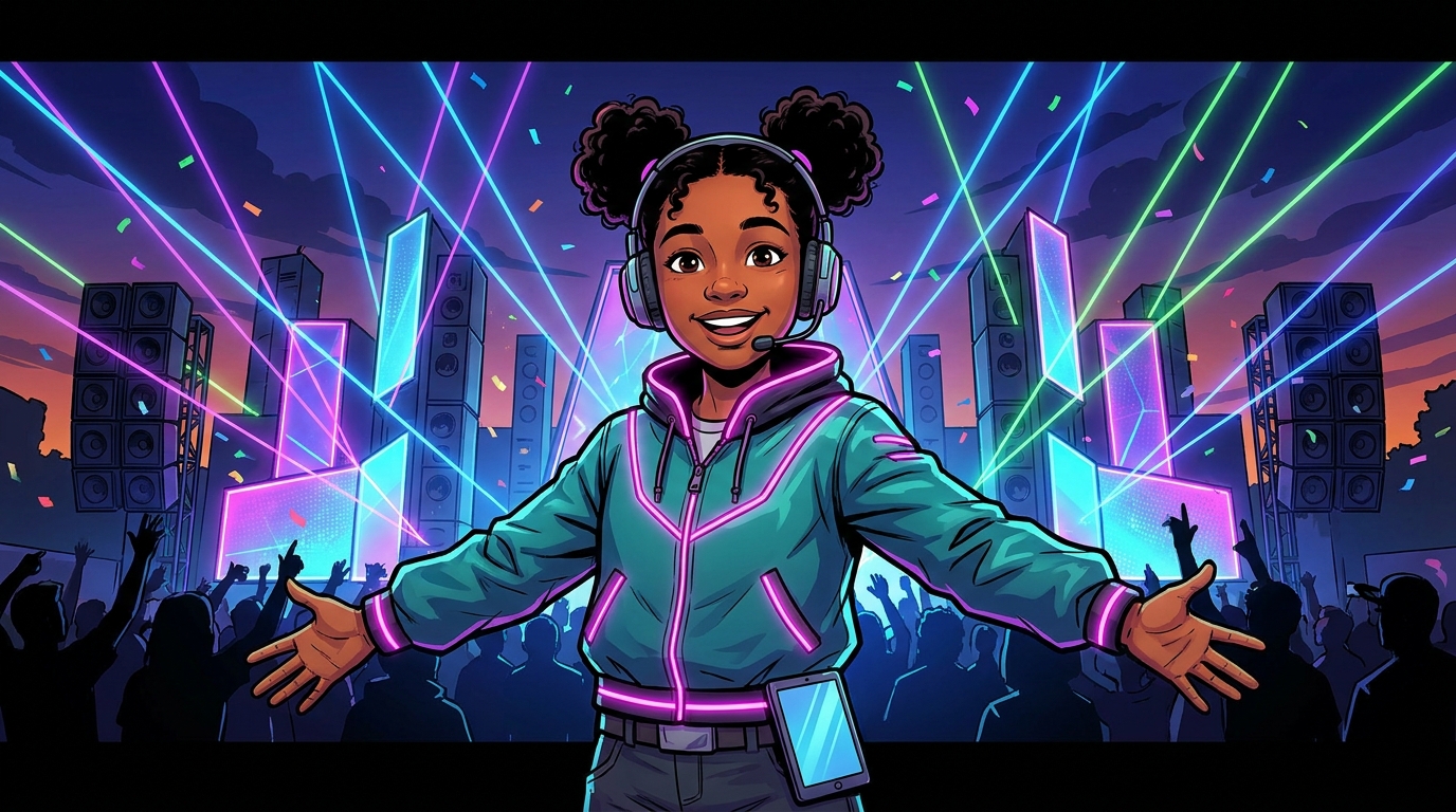 Mika, a young festival producer, stands center stage at a glowing music festival with speakers and lights behind her