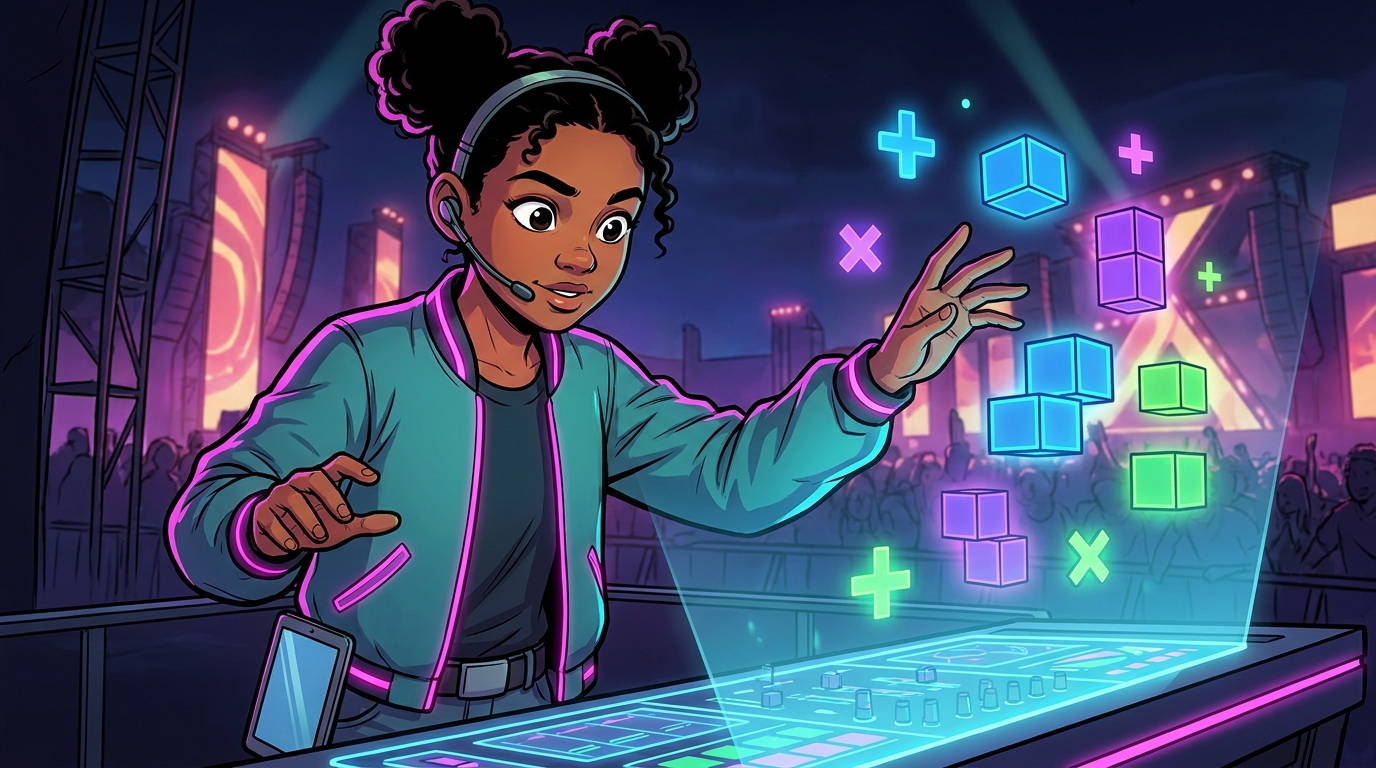 Mika builds a glowing budget expression from floating math blocks at a mixing console