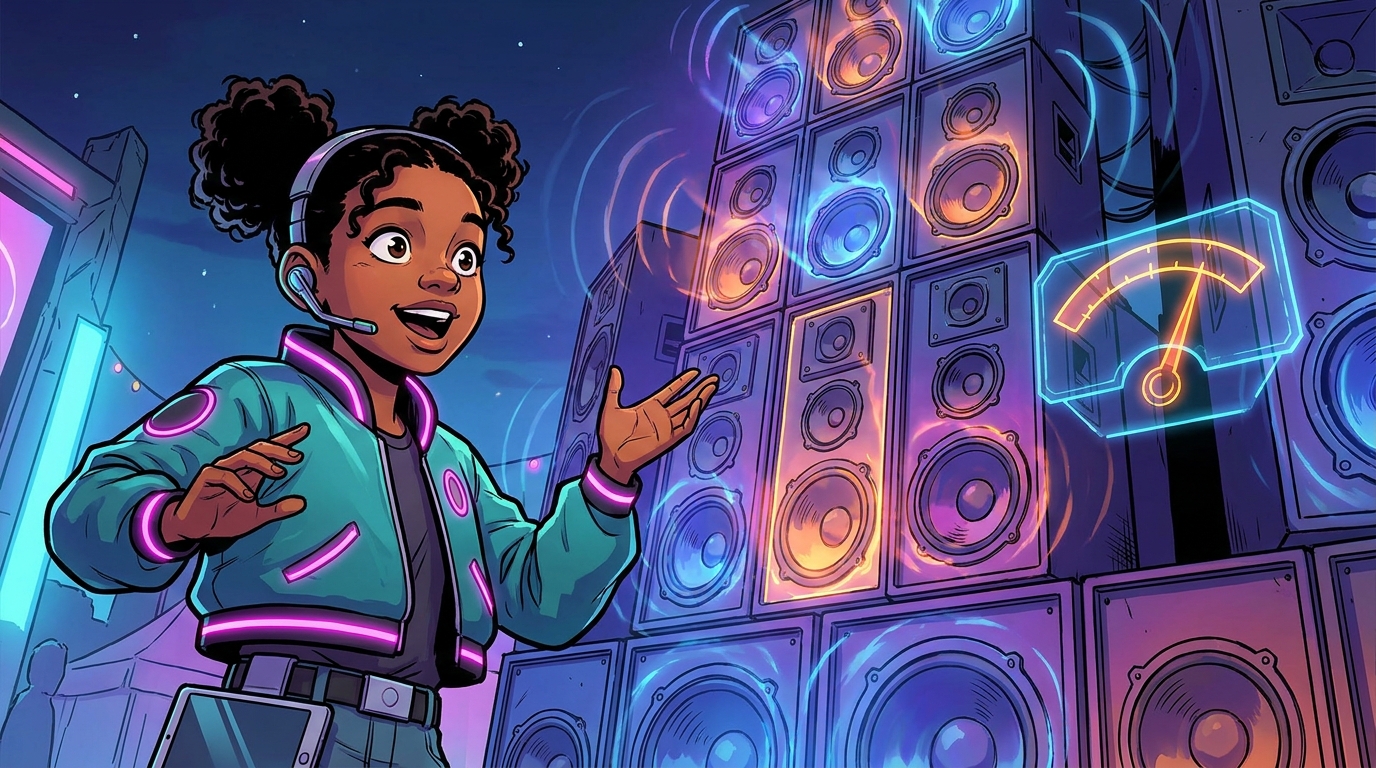 Mika looks up at a giant wall of speakers with a glowing power gauge