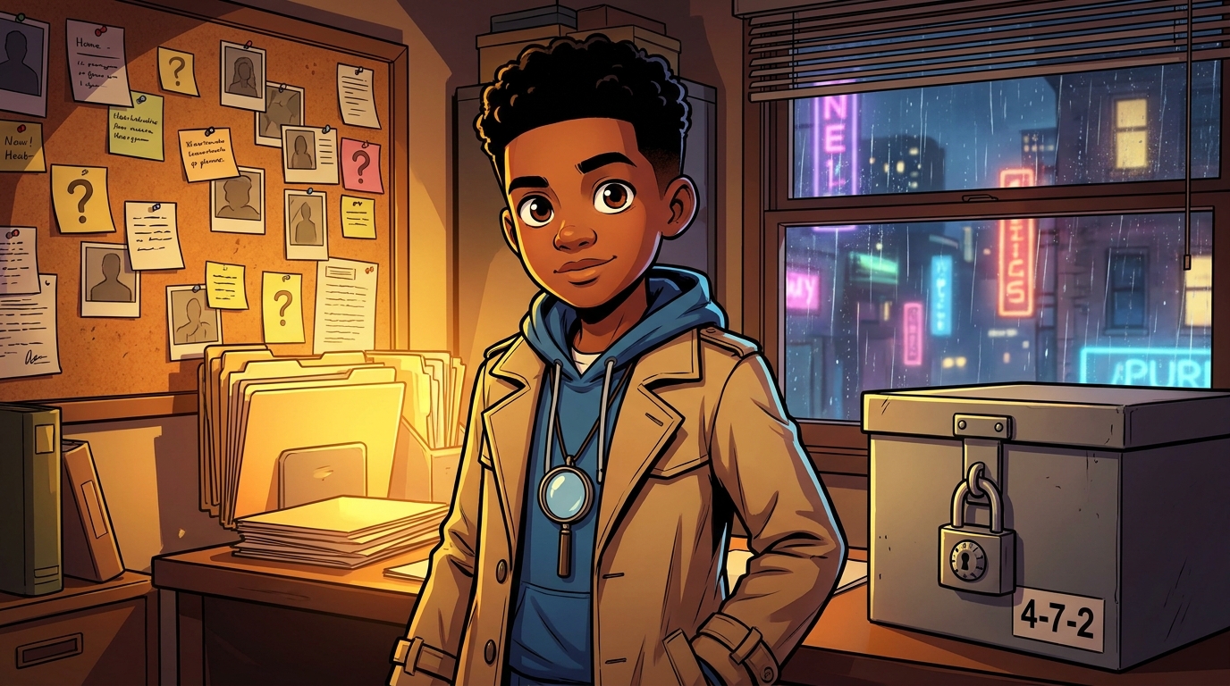 A young detective in an evidence room