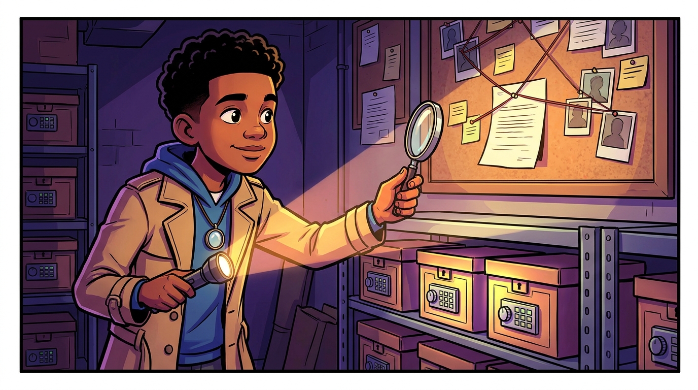Detective Mateo examines a wall of clues with his magnifying glass