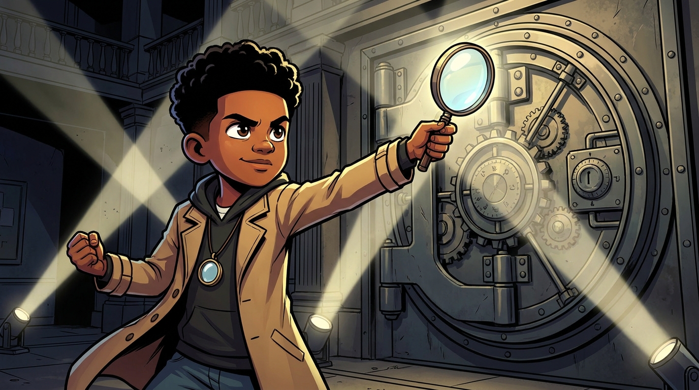 Detective Mateo faces a giant vault door covered in locks and dials