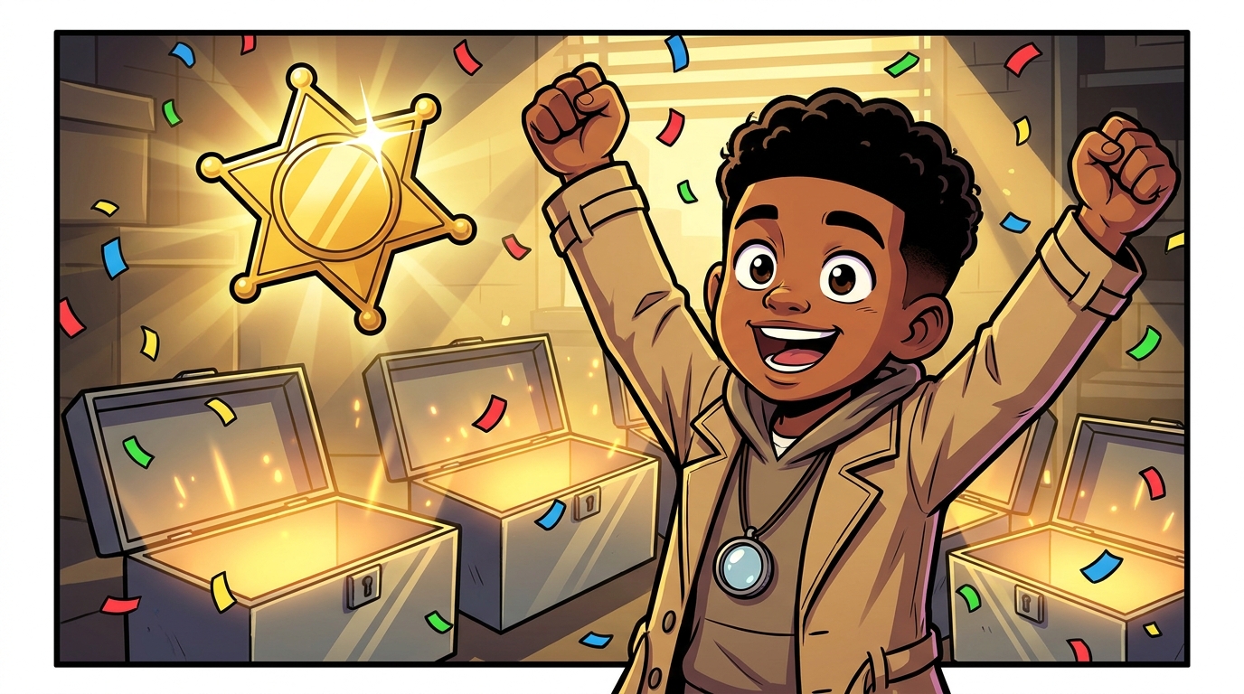 Detective Mateo celebrates with confetti as all the evidence boxes stand open