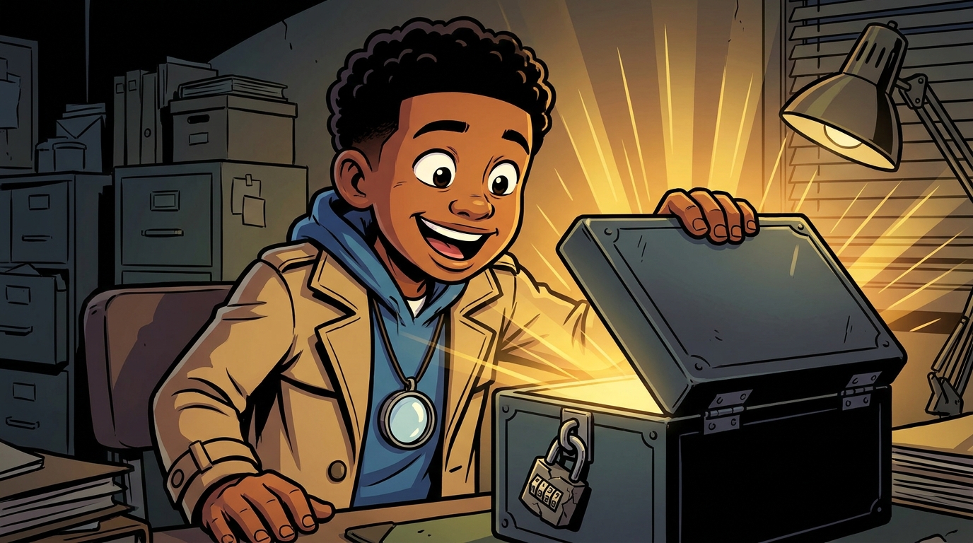 Detective Mateo opens a locked evidence box with golden light pouring out