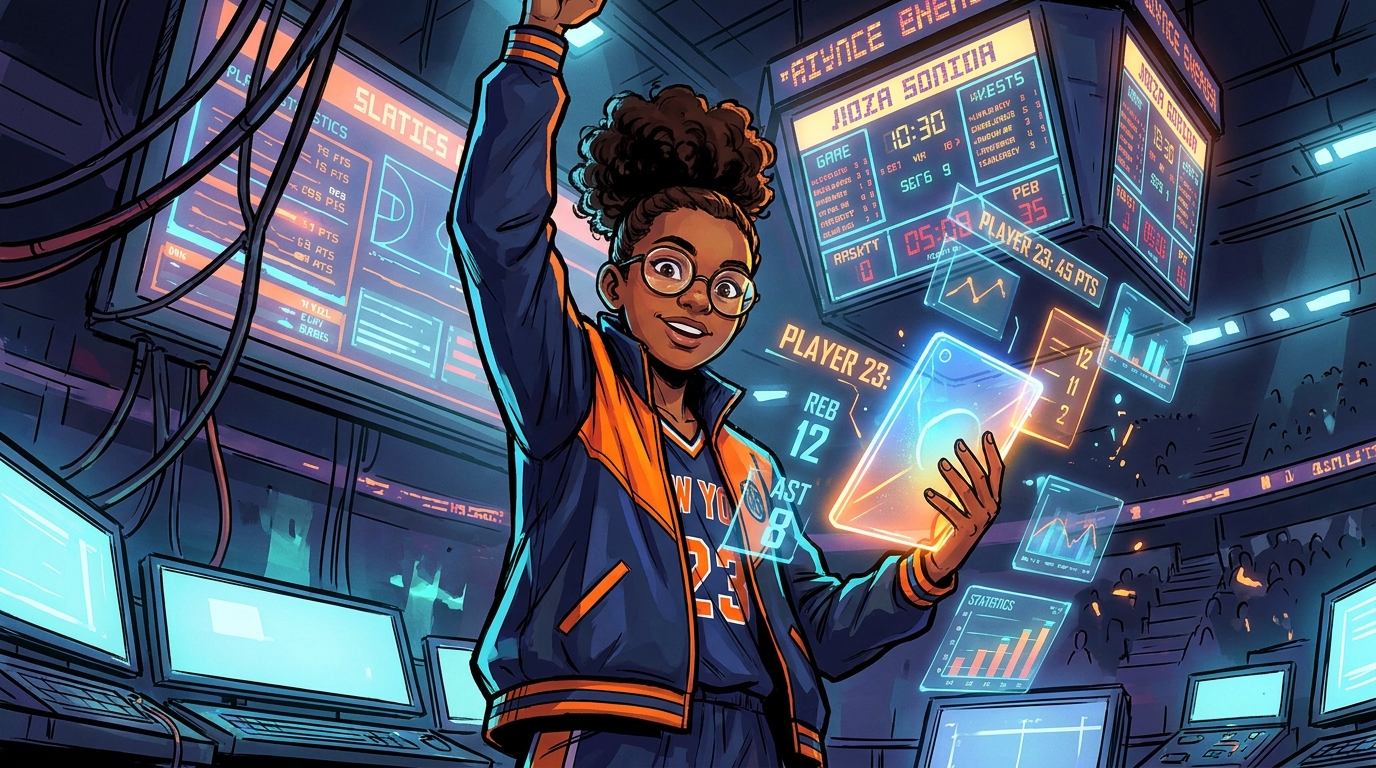 A young sports data analyst with holographic stats