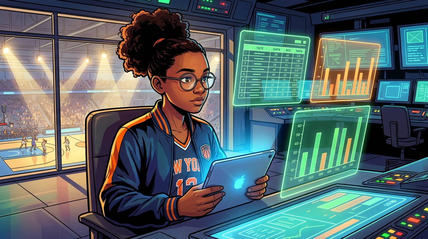 Maya at a glowing analyst desk studying holographic player statistics