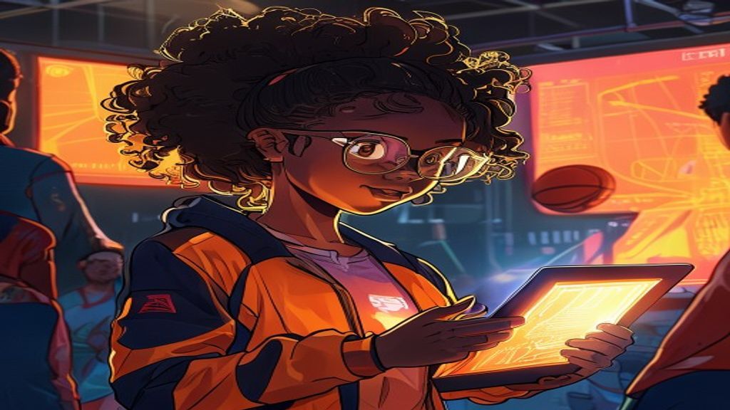 Maya before a giant wall of holographic data making a big decision