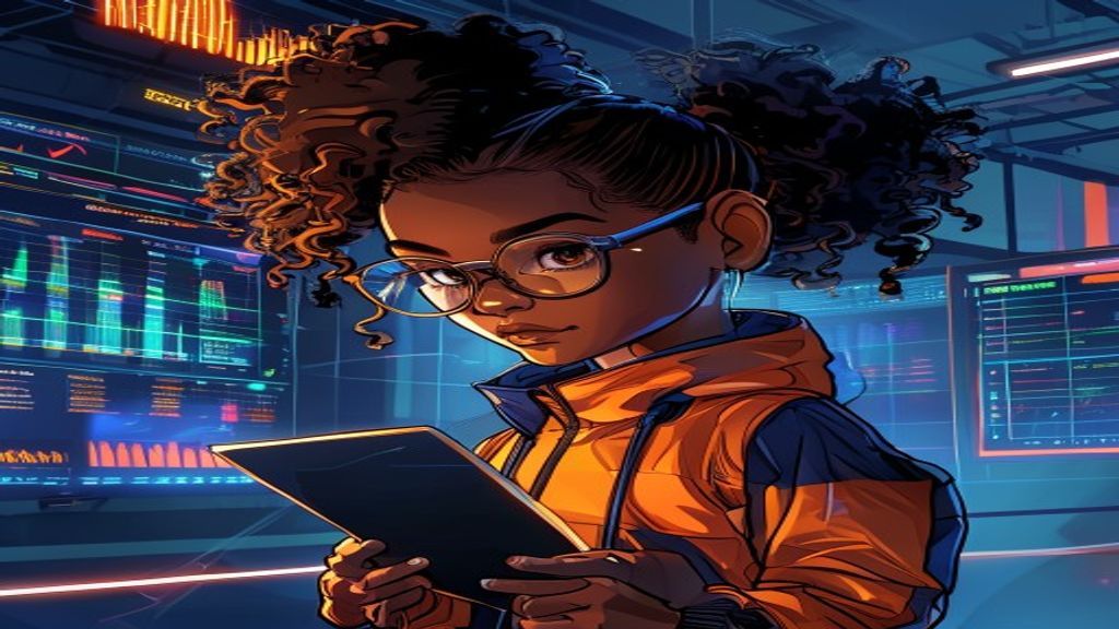 Maya points at a holographic display showing numbers balancing to find a center