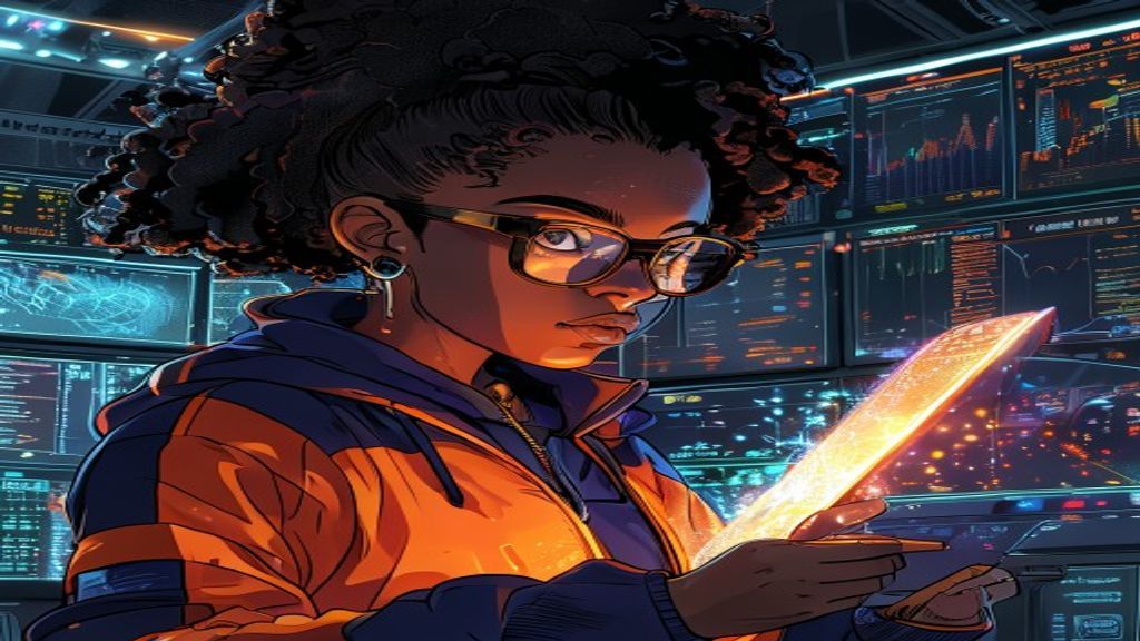 Maya studies a holographic scatter of glowing dots spread around a center line