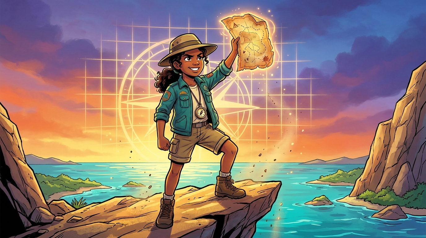 A young explorer with a treasure map and compass