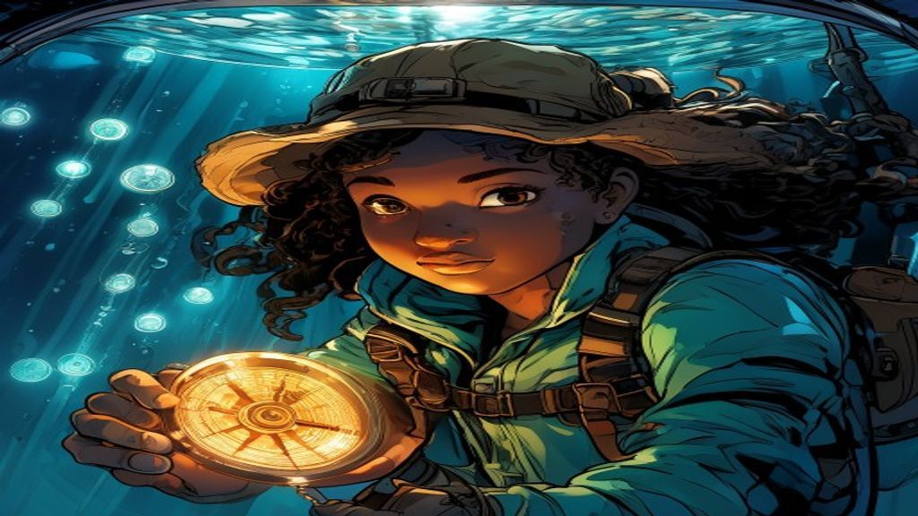Maya dives down past a cliff that shows sea level, with depths below and heights above