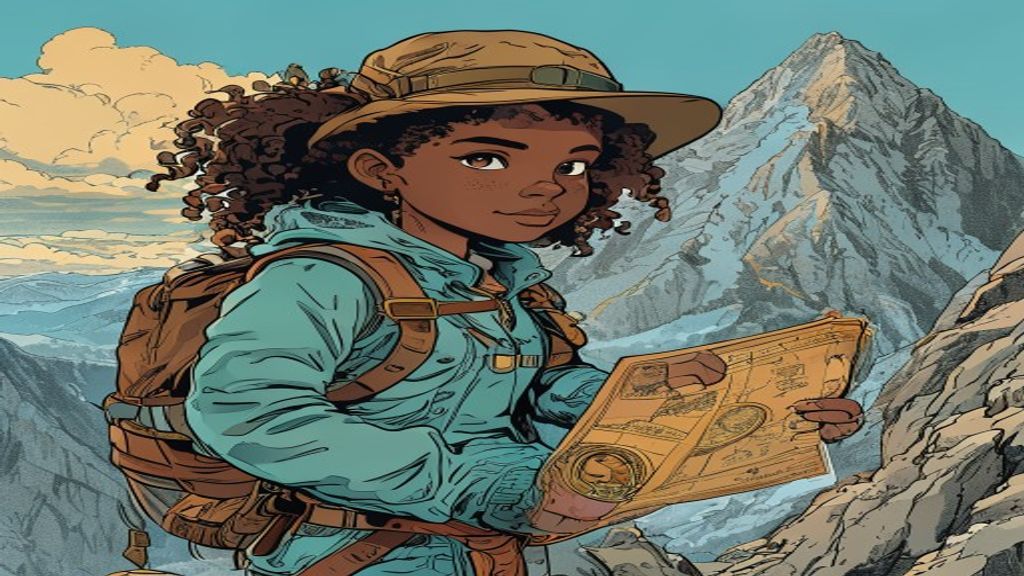 Maya at a cliff edge reading a vertical scale of heights above and depths below the sea