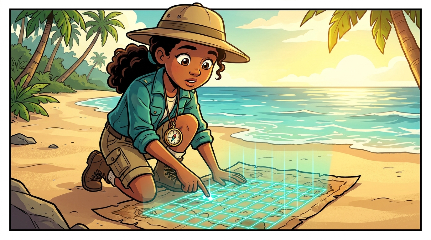 Maya kneels over a treasure map with a glowing coordinate grid drawn on it