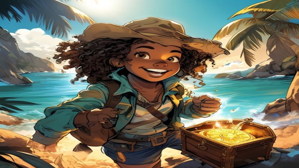 Maya opens a glowing treasure chest full of gold on the beach at sunset
