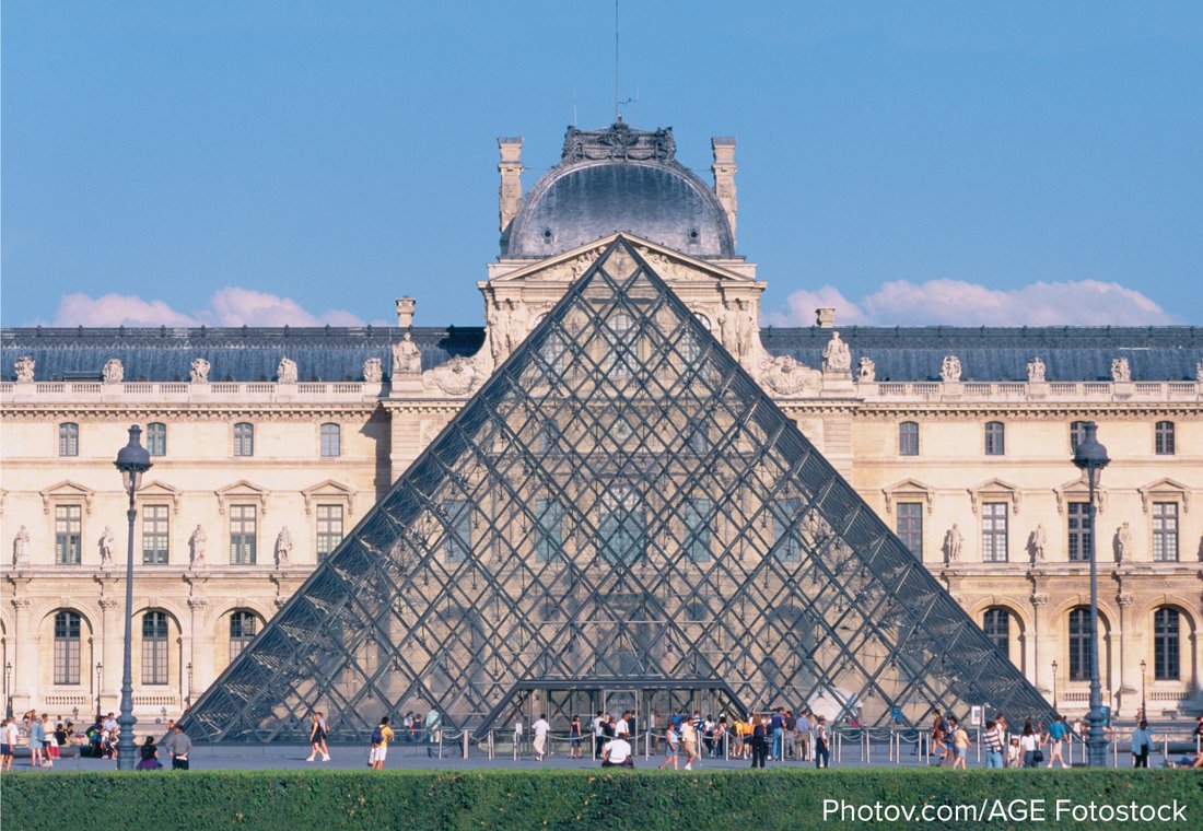 A photograph of the glass pyramid in the courtyard of the Louvre.